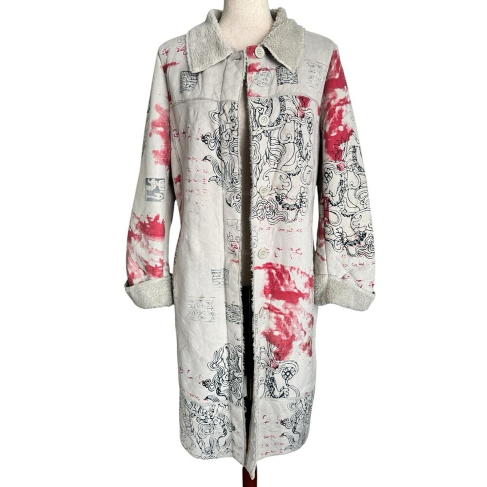 Vintage Faux Suede Chinese Dragon Printed Long Teddy Coat
